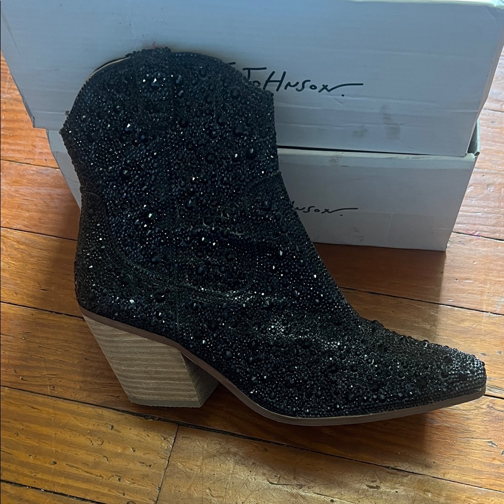 Betsey Johnson Black Sparkle Heeled Boots